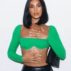 Princess Polly Becca Long Sleeve Crop Top Green