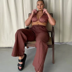 Princess Polly Ayla Linen Pants Chocolate Brown